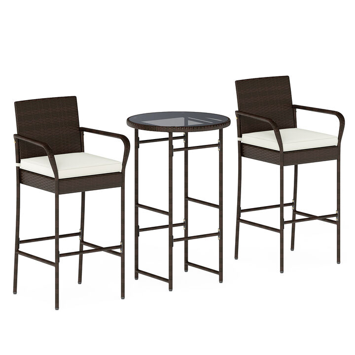 3 Piece Patio Bar Set with 2 Cushioned Seats for Outdoor Use-Off White