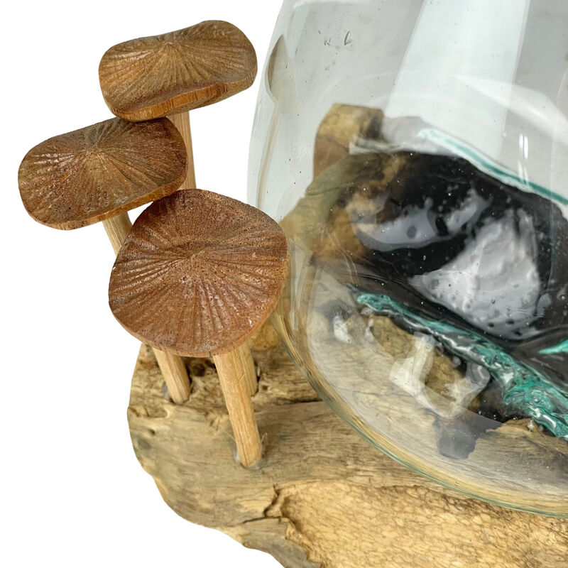 Handcrafted Glass and Teak Vase with Wood Mushroom Embellishments, Rustic Accent image number 3
