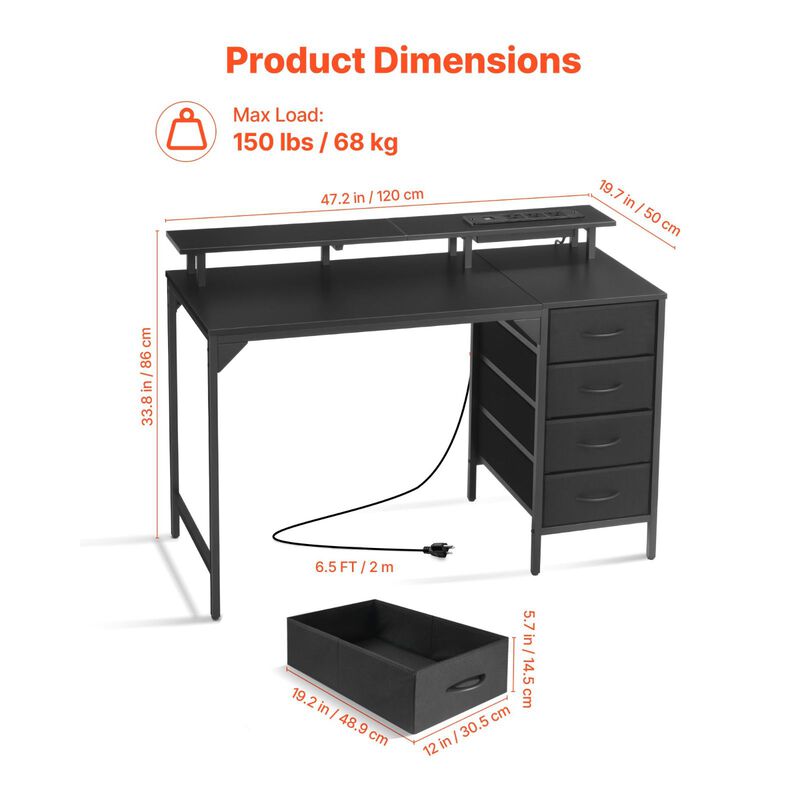 Gaming Desk with LED Lights, Charging Station, 4 Storage Drawers and Monitor Shelf-Black image number 2
