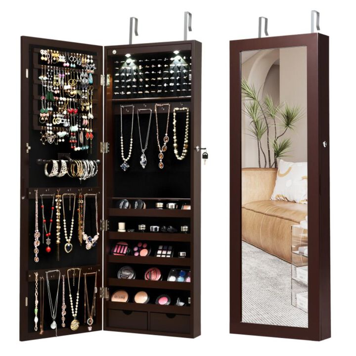 Hivvago Lockable Wall Mount Mirrored Jewelry Cabinet with LED Lights
