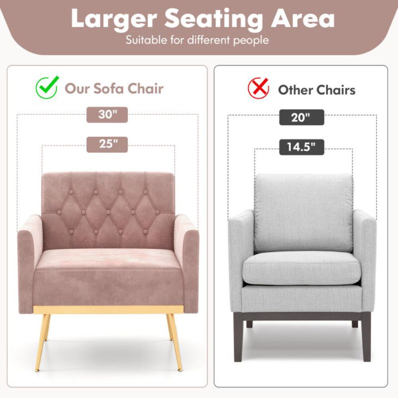 Modern Velvet Accent Chair with Button Tufted Back Golden Metal Legs and Adjustable Foot Pads image number 5