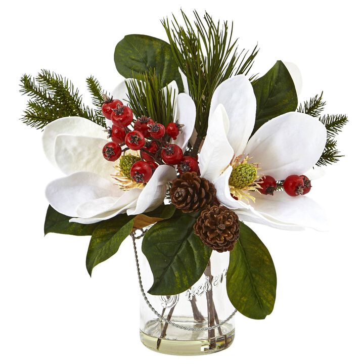 Nearly Natural 12-in Magnolia, Pine, and Berry in Glass Vase