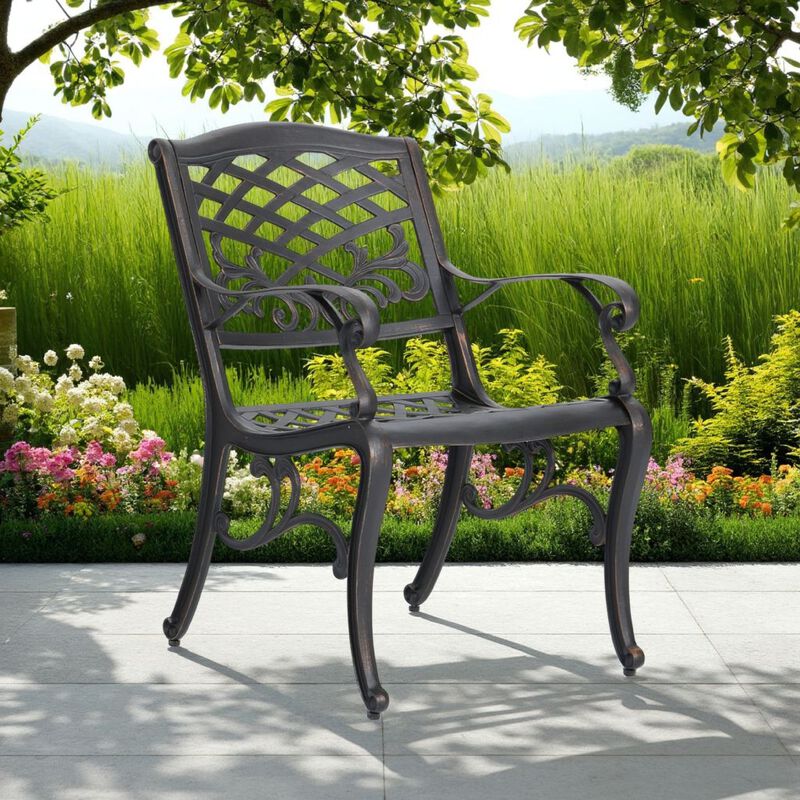 Toni Outdoor Armchair, Scrolled Lattice Pattern, Cabriole Legs Copper Metal - Benzara image number 5
