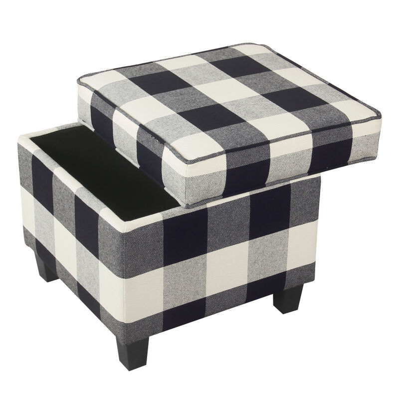 Pyp Square Storage Ottoman, 18 Inch Black Plaid Cotton, Ebony Legs - Benzara image number 2