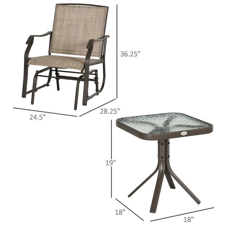 Outsunny 3 Piece Outdoor Glider Chair with Coffee Table Bistro Set, 2 Patio Rocking Swing Chairs with Breathable Sling Fabric, Glass Tabletop, for Backyard, Garden and Porch, Mixed Brown