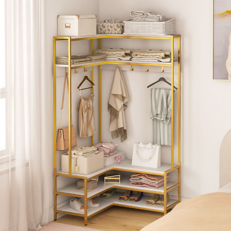 Corner Garment Rack with 7 Hooks, Open Shelves, and Shoe Bench for Entryway