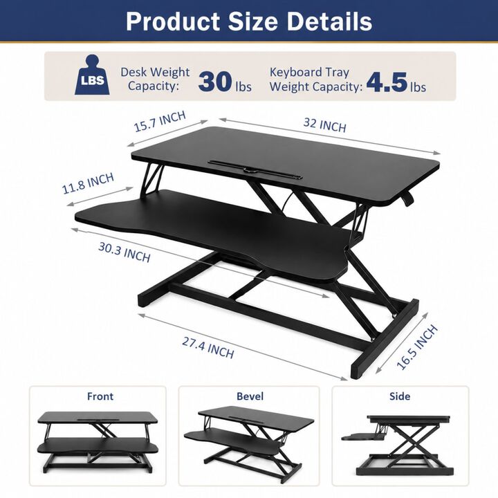 GOODSILO Height Adjustable Sit to Stand 32 Inch Desk Converter, Ergonomic Standing Riser, Dual Monitor & Laptop Workstation with Wide Keyboard Tray for Office & Study Spaces