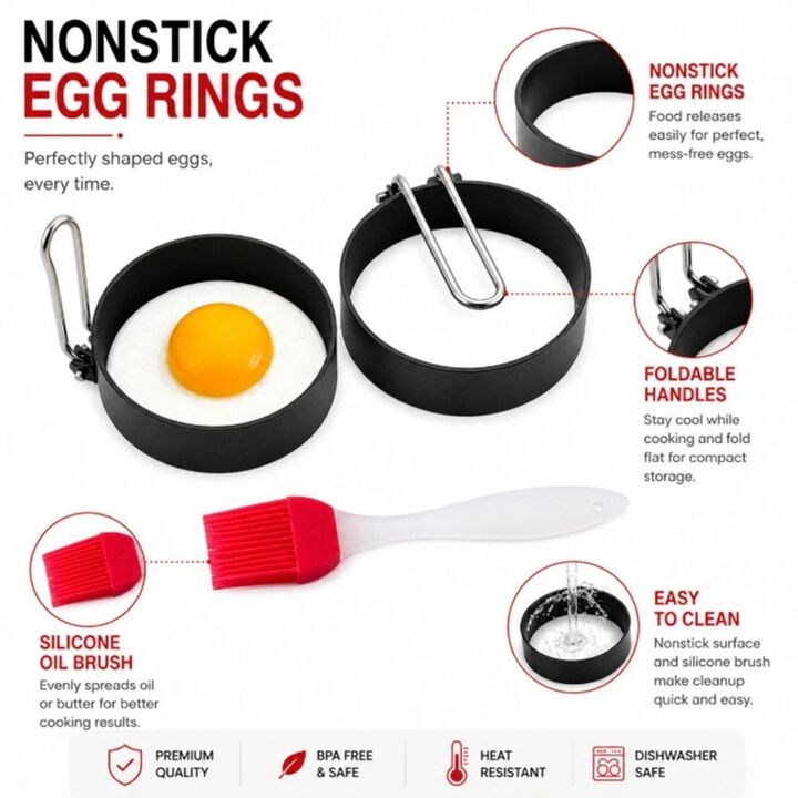 Pack of 2 Nonstick Egg Pancake Shaper Rings with Brush