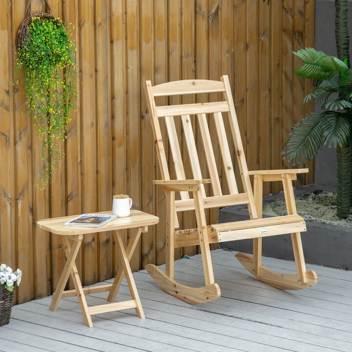 Wooden Outdoor Rocking Chair, 2-Piece Porch Rocker Set with Foldable Table for Patio, Backyard and Garden, Natural