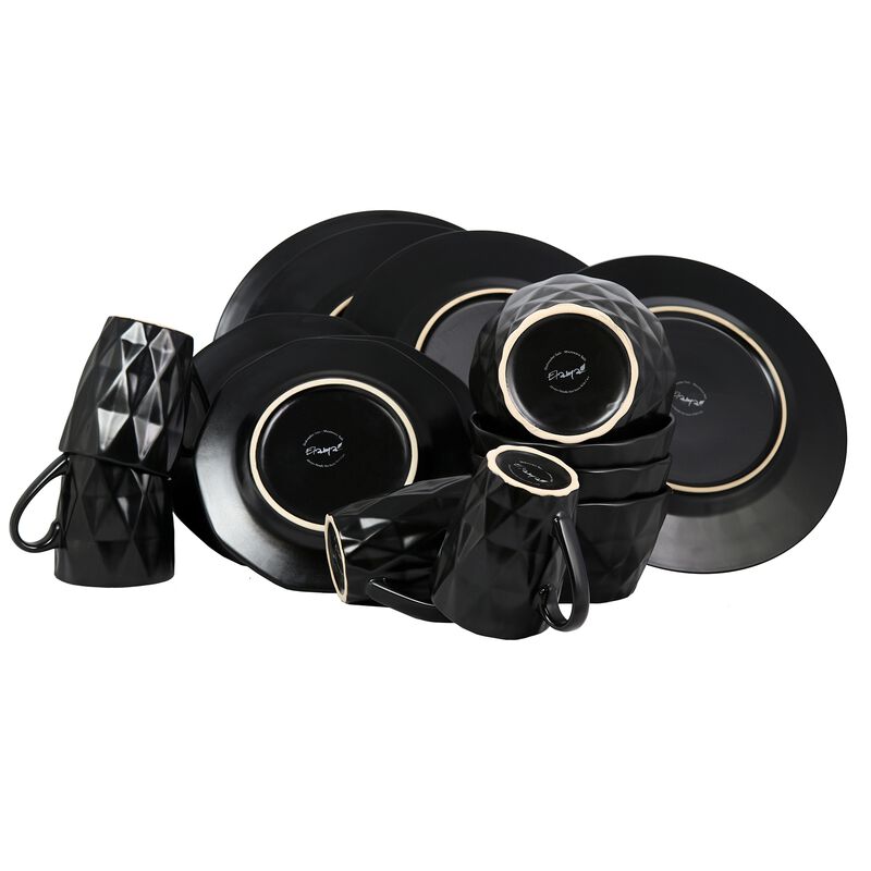 Elama Retro Chic 16-Piece Glazed Dinnerware Set in Black