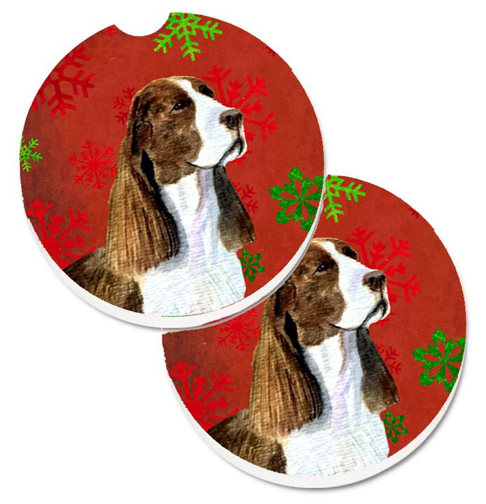 Caroline's Treasures Springer Spaniel Red & green Snowflakes Holiday Christmas Set of 2 Cup Holder Car Coasters SS4720CARC, 2.56, Multicolor