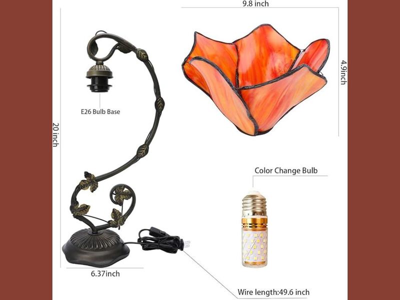 Stained Glass Table Lamp Flower Design Metal Leaf Base 3 Color Bedside Light image number 2