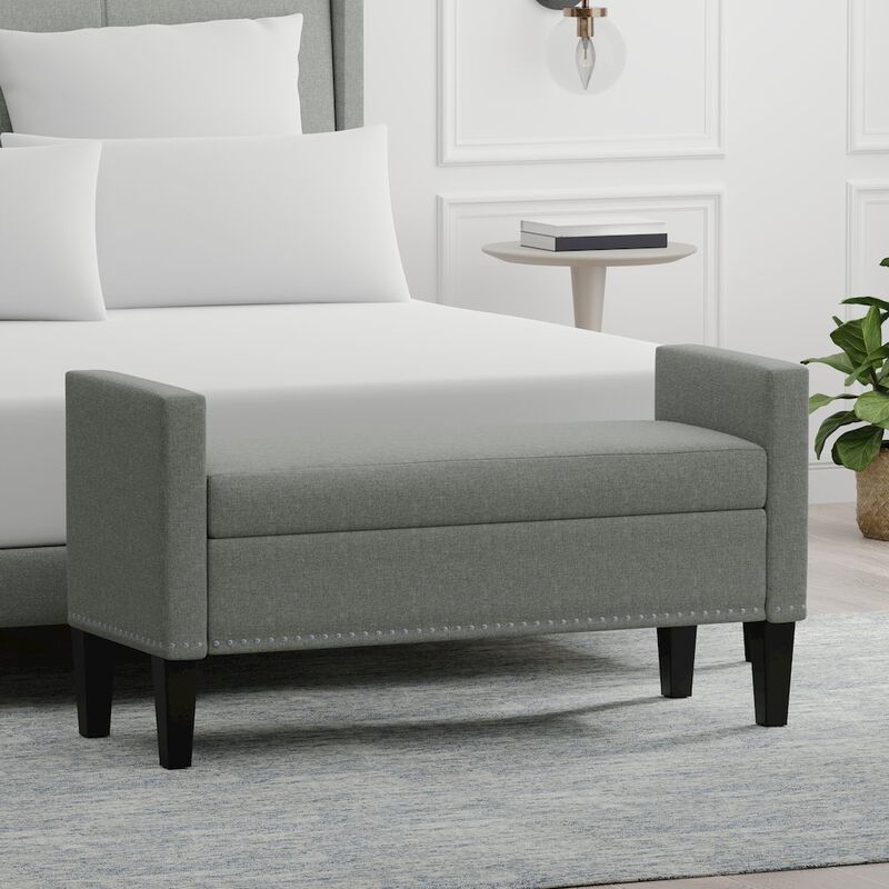 Rize Home 46 Storage Bench with Arms + Nailhead Trim - Stone (Light Gray) image number 4