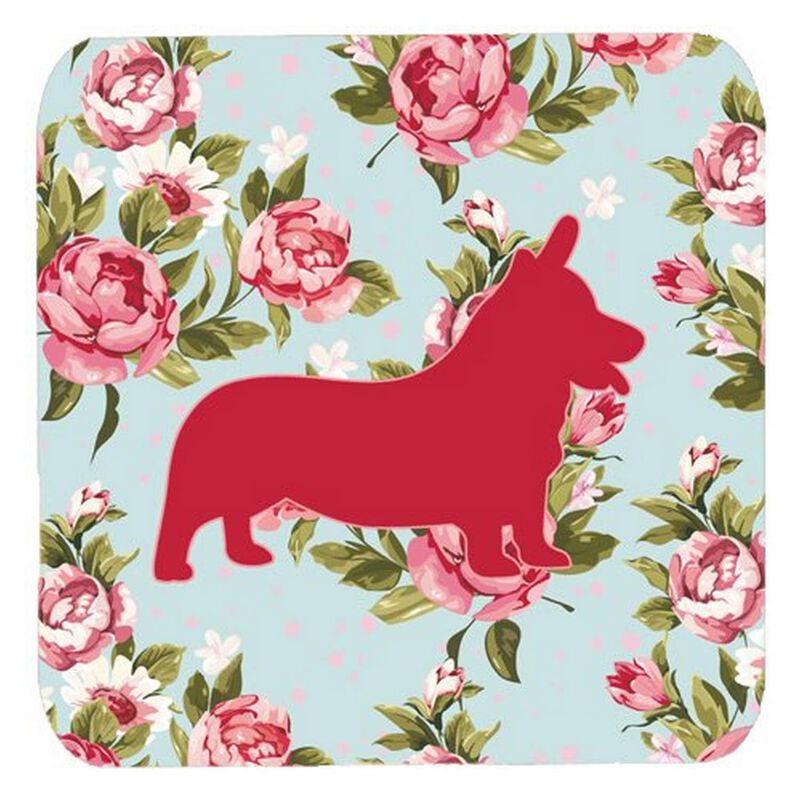Caroline's Treasures BB1069-RS-BU-FC Corgi Shabby Chic Blue Roses Foam Coasters (Set of 4), 3.5 H x 3.5 W, Multicolor