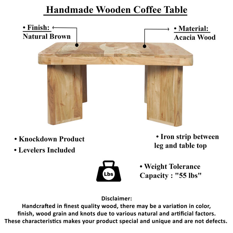 Cascade 32 Inch Coffee Table, Handcrafted Natural Acacia Wood, Square Top with Diagonal Wide Panel Legs