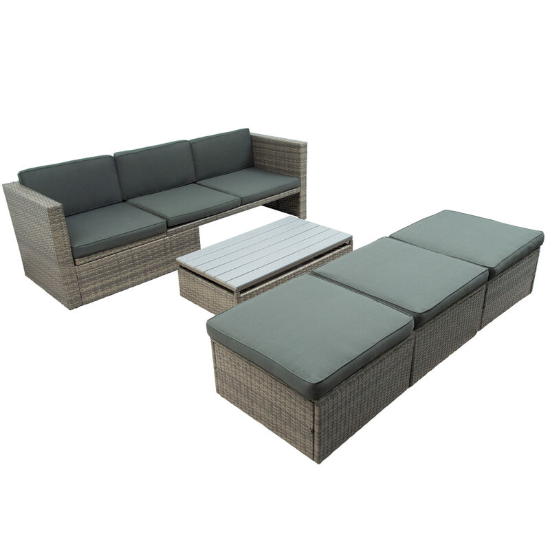 Patio Furniture Sets, 5-Piece Patio Wicker Sofa with Adjustable Backrest, Cushions, Ottomans and Lift Top Coffee Table
