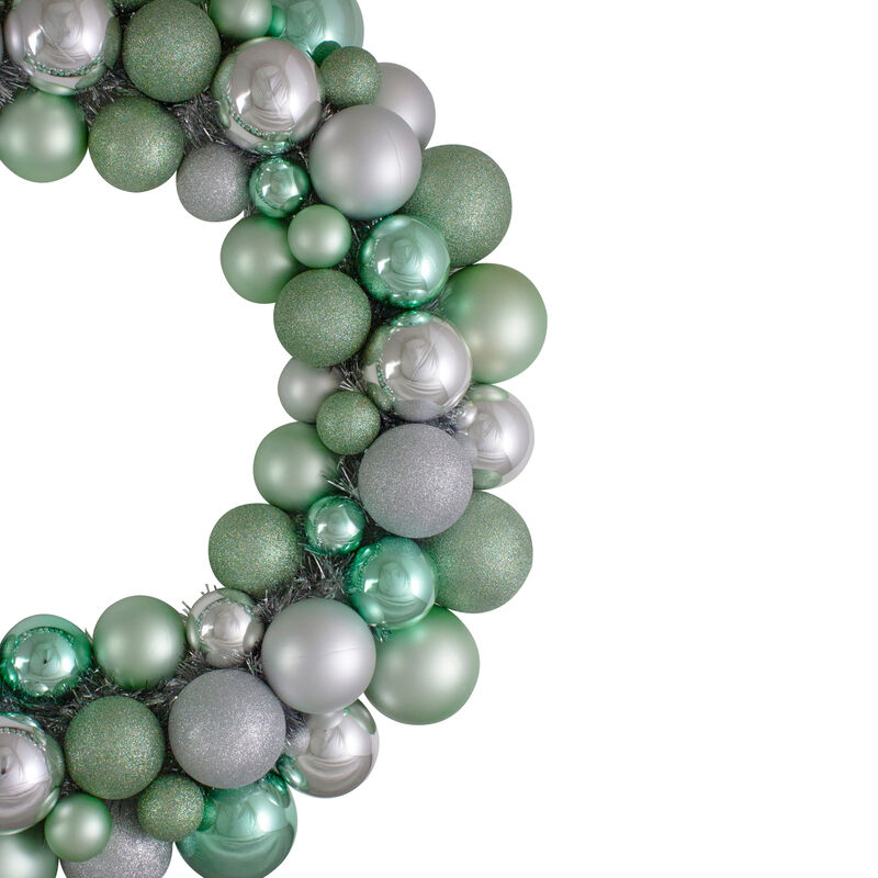 Silver and Seafoam Green 3-Finish Shatterproof Ball Christmas Wreath - 24-Inch  Unlit