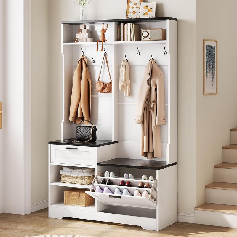 Hall Tree, 43.3" Entryway Coat Rack with Bench Shoe Storage, 6-in-1 Entryway Bench with Flip Drawer, 7 Hooks, 4 Storage Cubbies, Adjustable Shelf image number 1