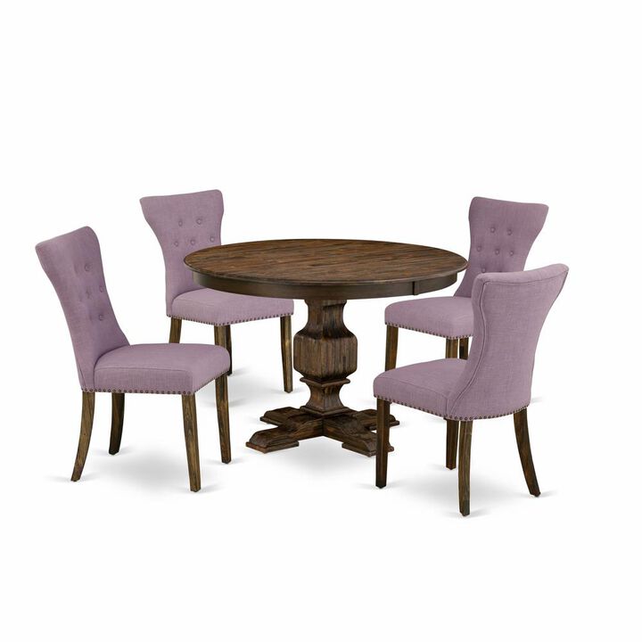 East West Furniture 5 Piece Dining Room Table Set Contains a Dinner Table and 4 Dahlia Linen Fabric Upholstered Chairs with Button Tufted Back - Distressed Jacobean Finish