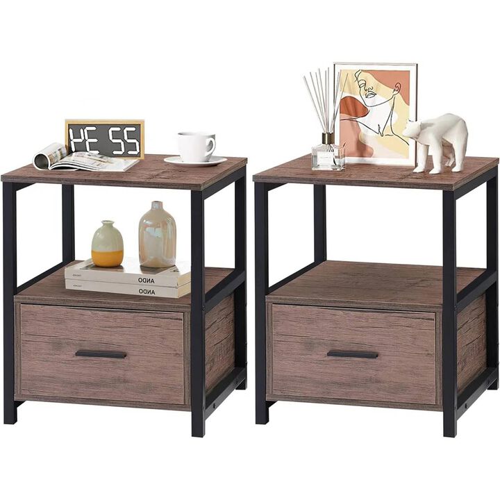 Set of 2 Contemporary Metal Wood End Tables with Drawer for Bedroom