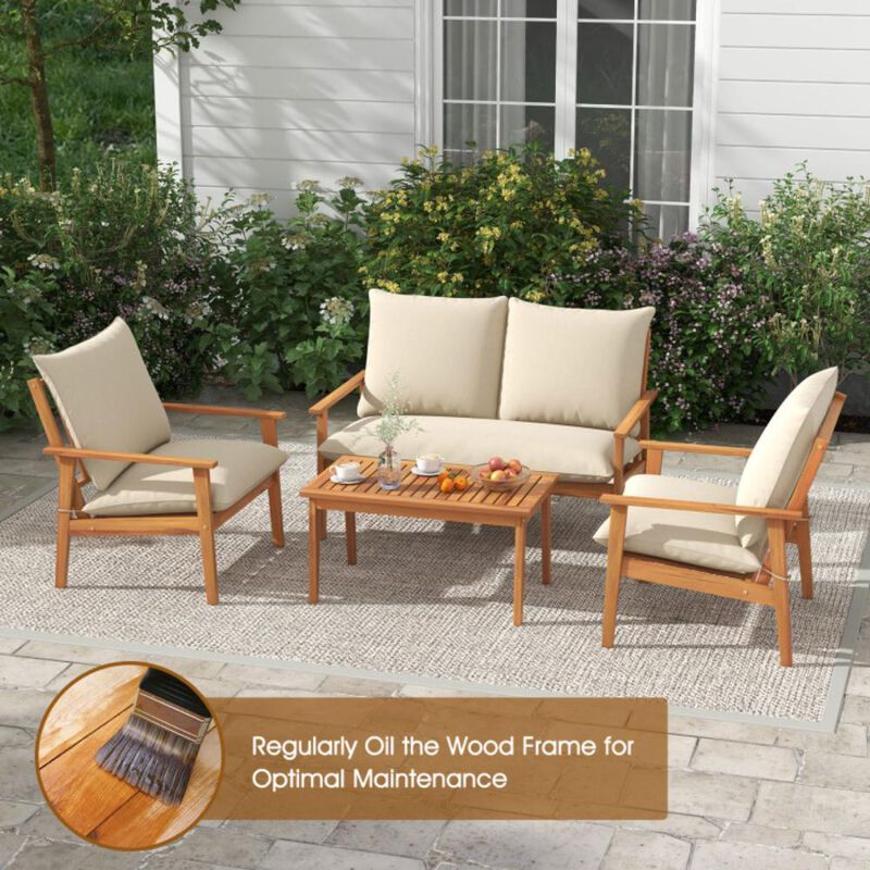 Hivvago 4 Pieces Outdoor Acacia Wood Conversation Set with Soft Cushions and Coffee Table
