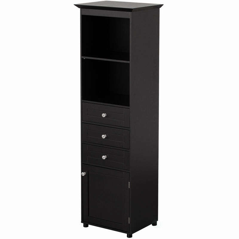 Tall Freestanding Storage Organizer Linen Tower, Vanity Closet, Bathroom Cabinet with 2 Open shelves, 3 Drawers, and a Closet, Black