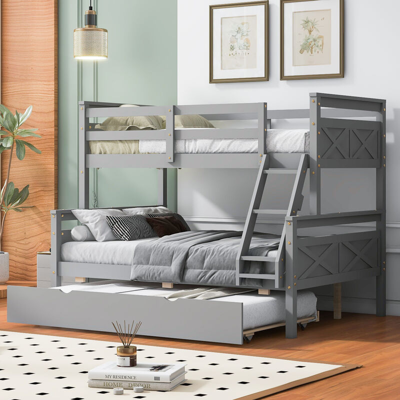 Whisen Twin over Full Bunk Bed with Ladder, Twin Size Trundle, Safety Guardrail - Gray
