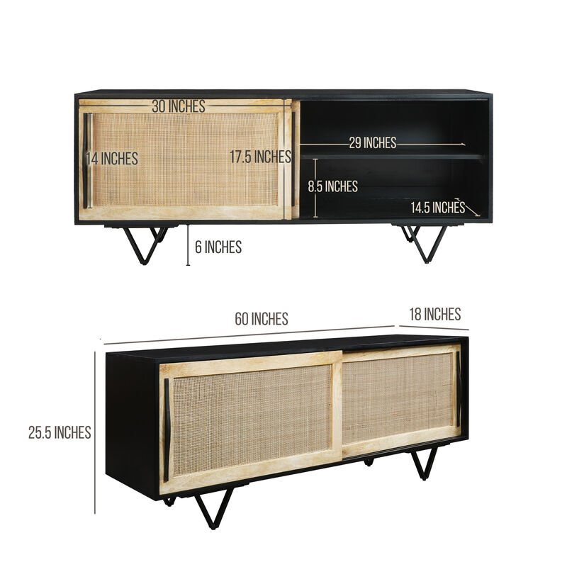 Handcrafted 60-Inch TV Media Console with Rattan Sliding Doors - Natural Brown And Matte Black Finish