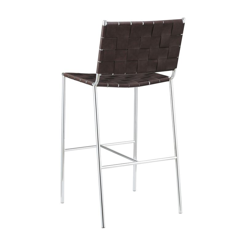 Anx 29 Inch Barstool, Chrome Metal Legs, Brown Faux Leather Band Weaving-Benzara image number 4