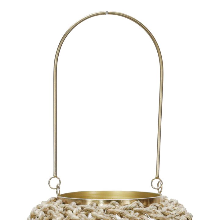 Cylindrical Rattan Lantern with Metal Frame and Handle,Large,Brown and Gold - Benzara