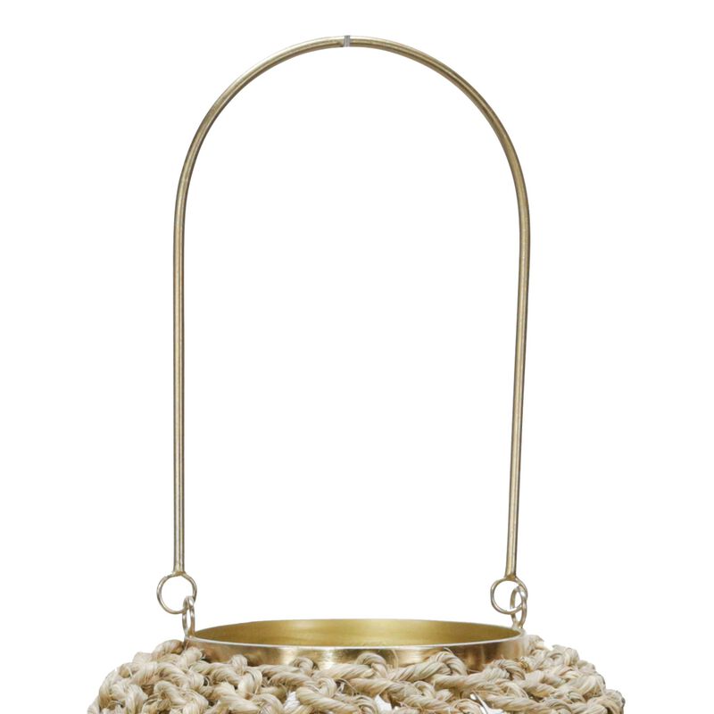 Cylindrical Rattan Lantern with Metal Frame and Handle,Large,Brown and Gold - Benzara image number 1