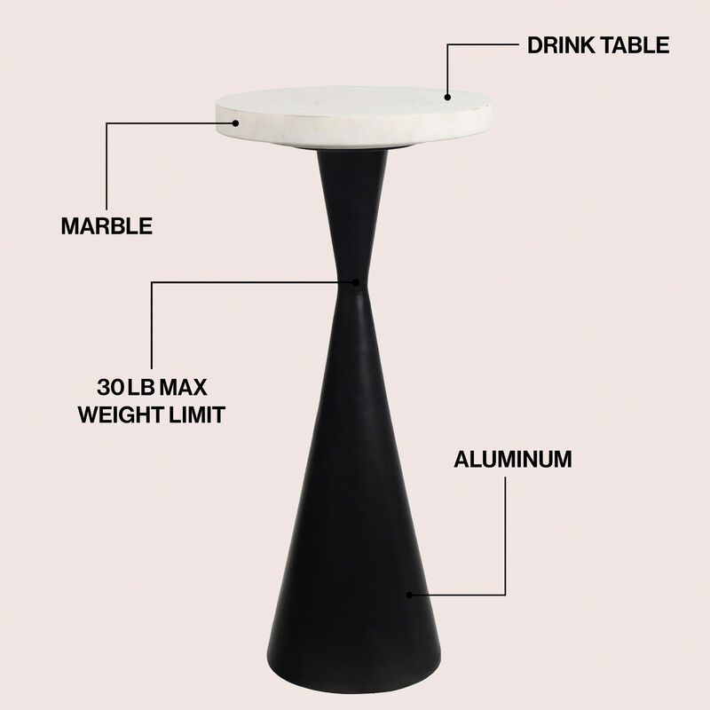 Ziggy 22" Contemporary Designer Metal Drink Table and Decorative End Table with White Marble Round Top and Cone Pedestal Base image number 2