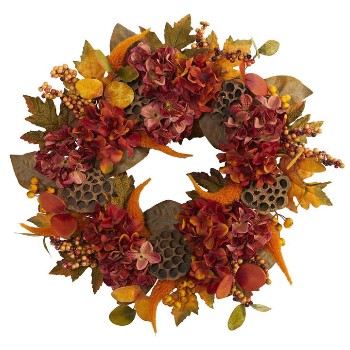 Nearly Natural 24-in Fall Hydrangea, Lotus and Berries Artificial Wreath