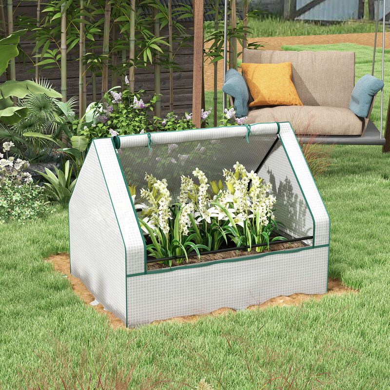 Outsunny 4 x 3 x 3ft Raised Garden Bed with Mini Greenhouse, Galvanized Outdoor Planter Box with Cover, for Herbs and Vegetables, Use for Patio, Garden, Balcony, White Cover and Silver Planter