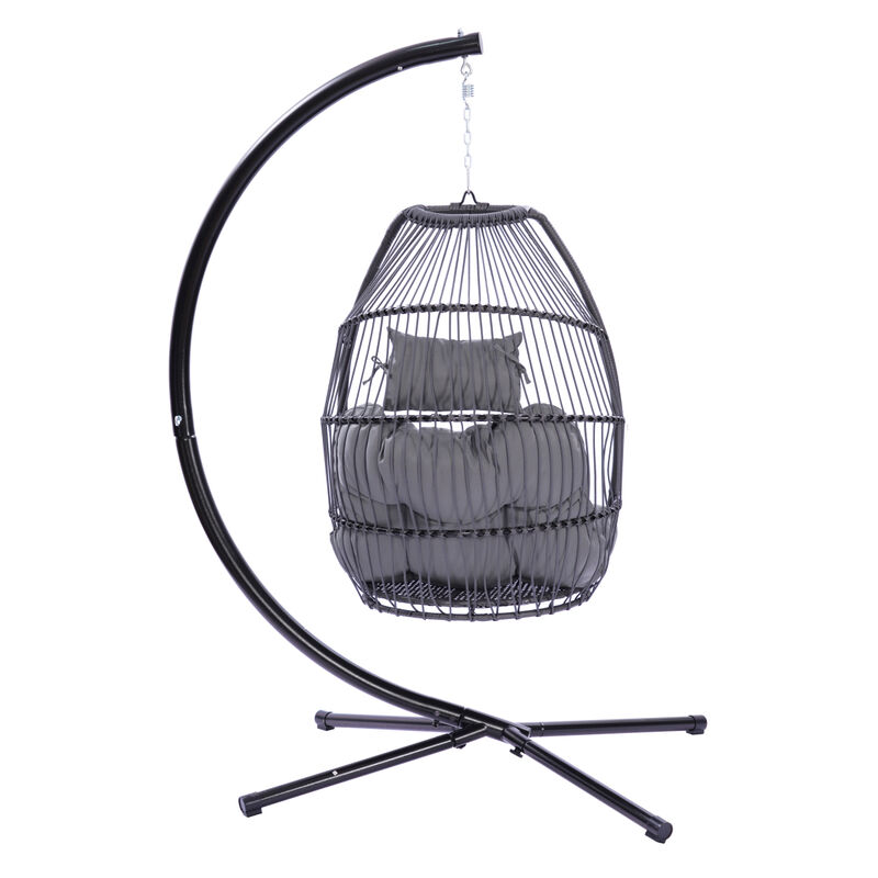 Outdoor Patio Wicker Folding Hanging Chair, Rattan Swing Hammock Egg Chair With C Type Bracket, With Cushion And Pillow