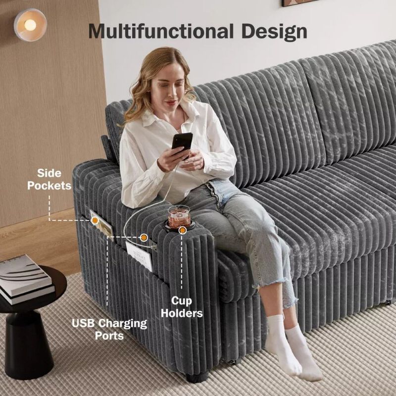 91" Convertible Sleeper Sofa Bed, Loveseat with 5-Level Reclining Backrest, Pull-Out Bed, USB Ports image number 5