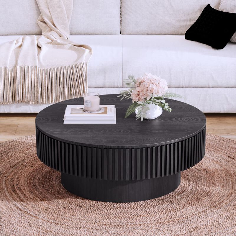 Round coffee table with storage Solid wood veneer and MDF coffee table with fluted base Modern accent coffee table for small spaces image number 4