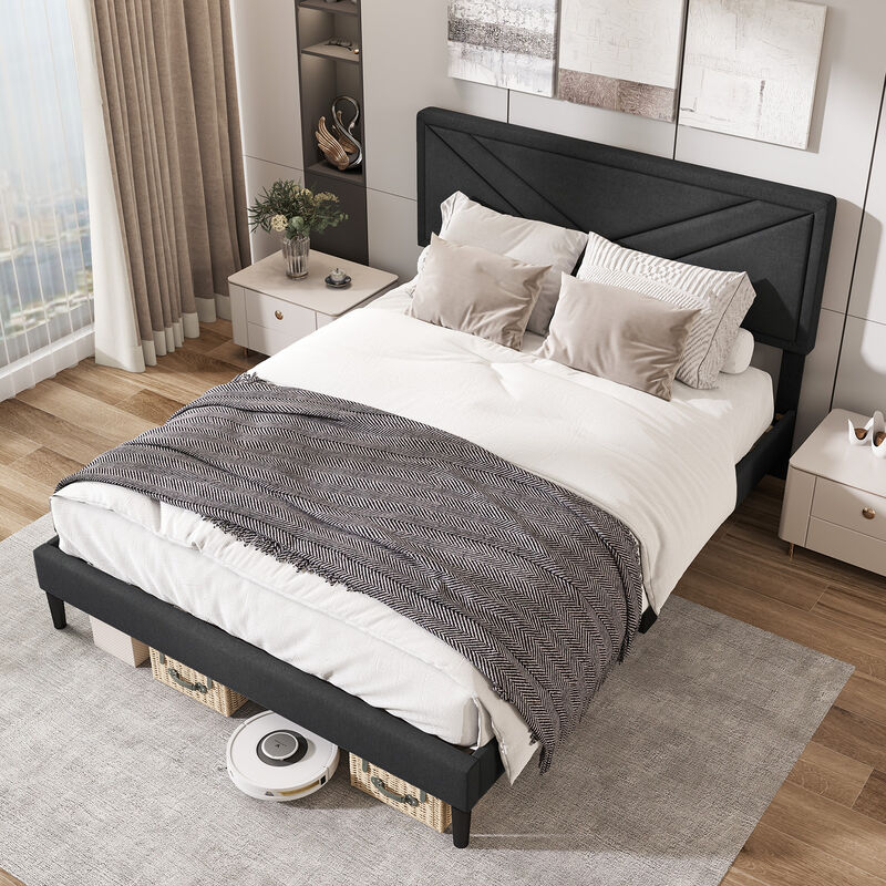 Fabric Upholstered Platform Bed with Tufted Headboard and Durable Wood Slat Support