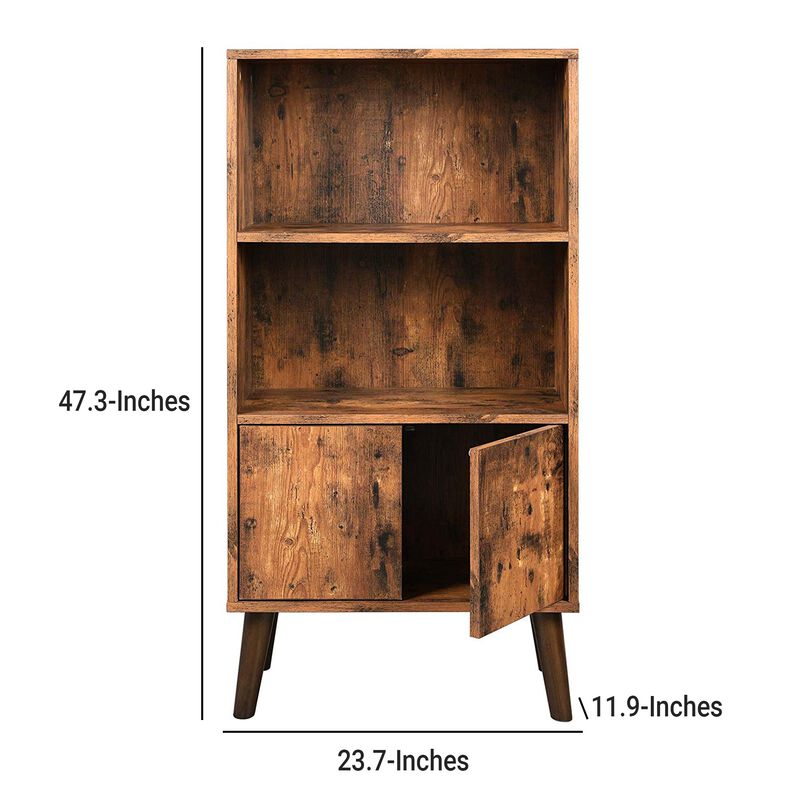 2 Tier Wooden Bookshelf with Storage Cabinet and Angled Legs, Brown-Benzara