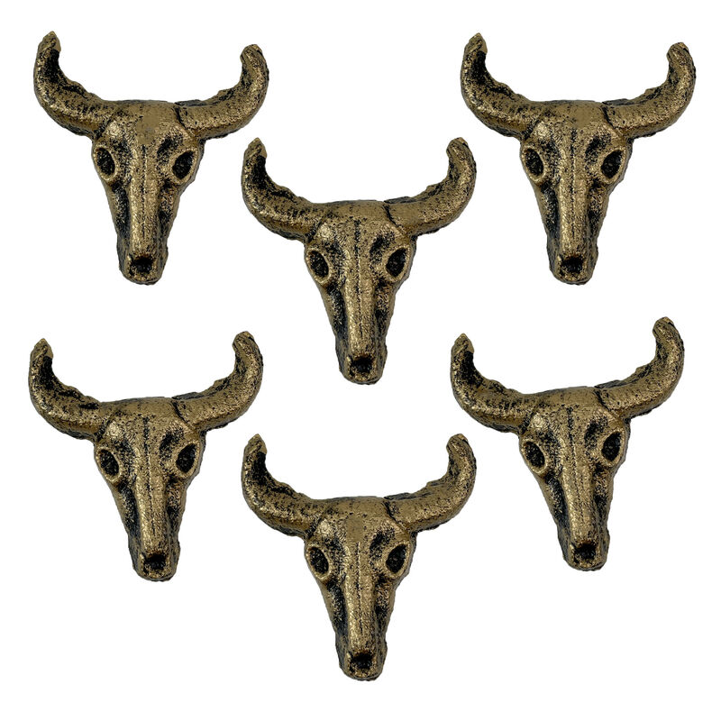 Set of 6 Gold Cast Iron Steer Skull Drawer Pulls - Western Home Decor Cabinet Knobs - 2 Inches High - Easy Install - Great For Dressers and Cupboards image number 2