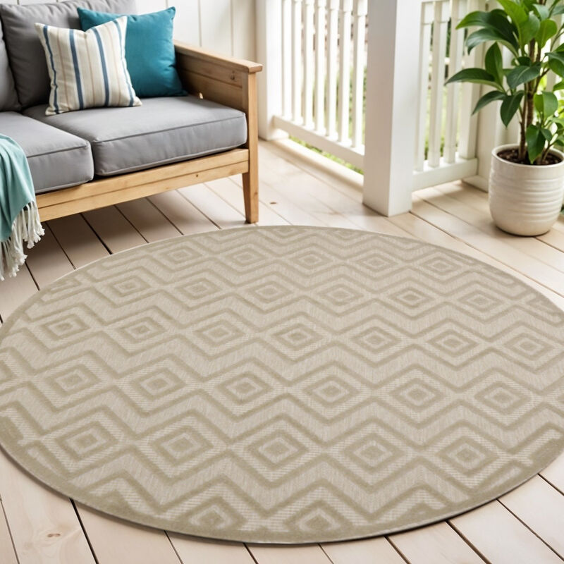 HomeRoots 4' Cream And Beige Round Geometric Indoor Outdoor Area Rug image number 1