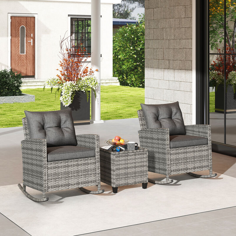 Patio Rattan Roker Chairs with Tempered Glass Table and Soft Cushions for Backyard  Poolside Porch-Beige