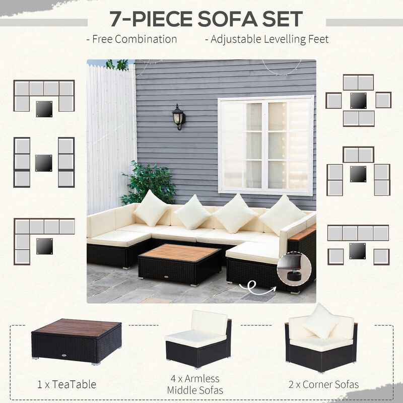 7 Pieces Outdoor Wicker Sofa Set, PE Rattan Sectional Furniture Patio Couch w/ Acacia Top Coffee Table & Cushion for Garden, Backyard, Beige