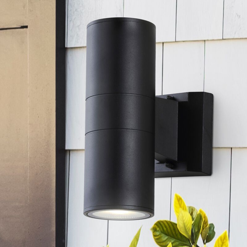 Duo 2-Light Modern Midcentury Cylinder Outdoor Metal/Glass Integrated LED Wall Sconce with Uplight