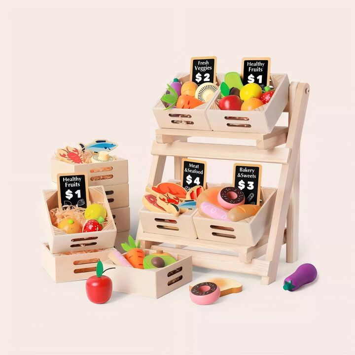 Wooden Food for Play Kitchen & Wooden Rack