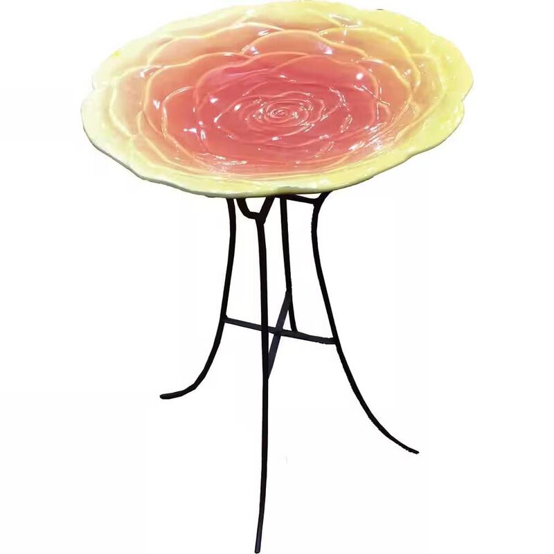 Ceramic Floral Birdbath with Metal Stand &ndash; Outdoor Garden Decor