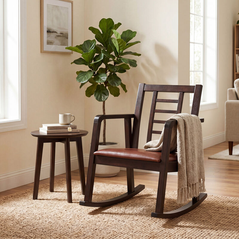 Wooden Rocking Chair Upholstered Seat Ladder Back Living Room Accent Seating image number 1