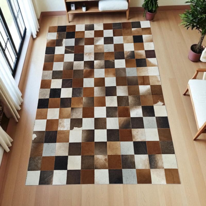 Brown White Cowhide Patchwork Rug image number 1