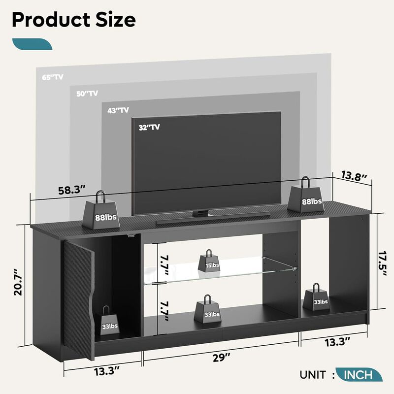 ShipItFurniture 58" LED TV Stand for 55/60/65-Inch TVs - Adjustable Tempered Glass Shelves image number 2