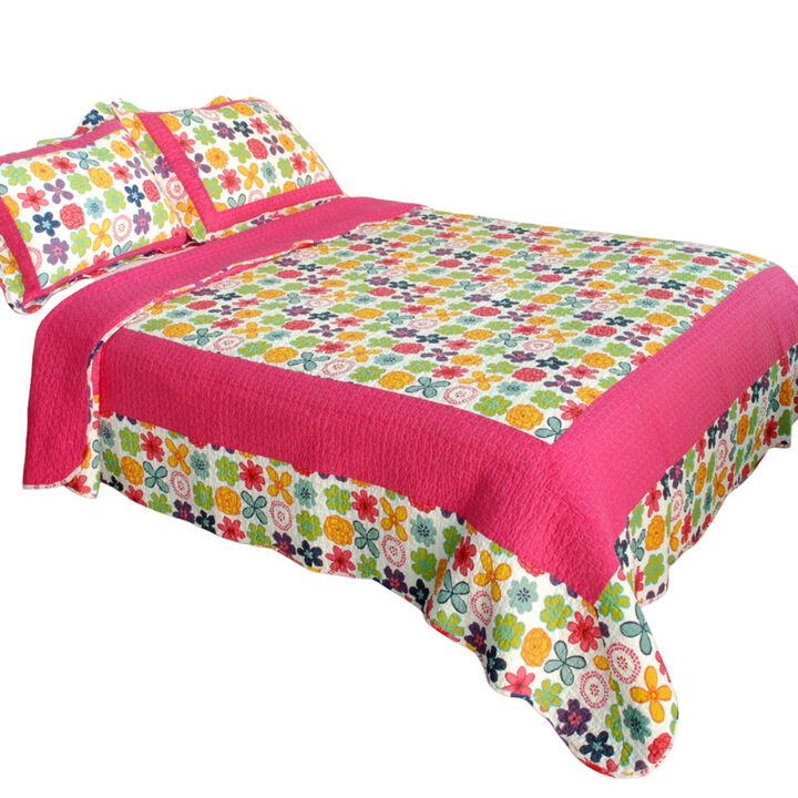 Queen Size Cotton 3-Piece Vermicelli Quilted Printed Quilt Set with Shams - Pink